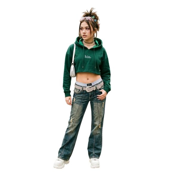 Kin Tops - Kin Cropped Green Cotton S Hoodie With Satin-Lined Hood Drawstring
